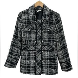 WHBM Women's Tweed Boucle Plaid Wool Blend Longline Blazer Jacket Coat